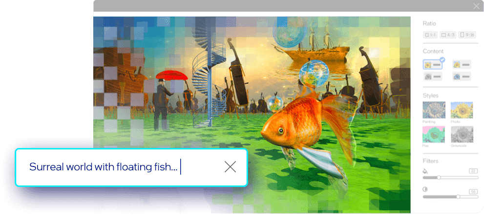 A computer software screen showing an image generation of a floating fish in a surreal world.