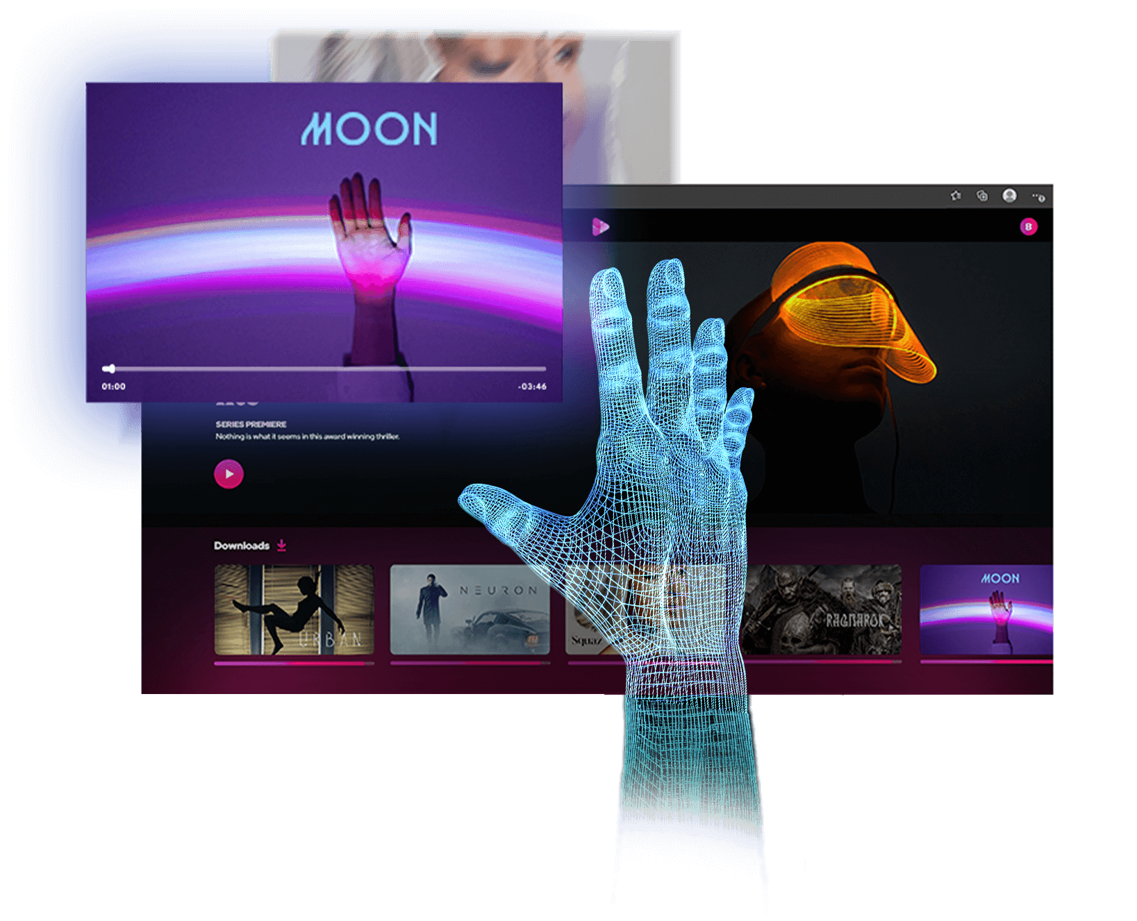 A digital hand reaching out in within various screens of digital programs.