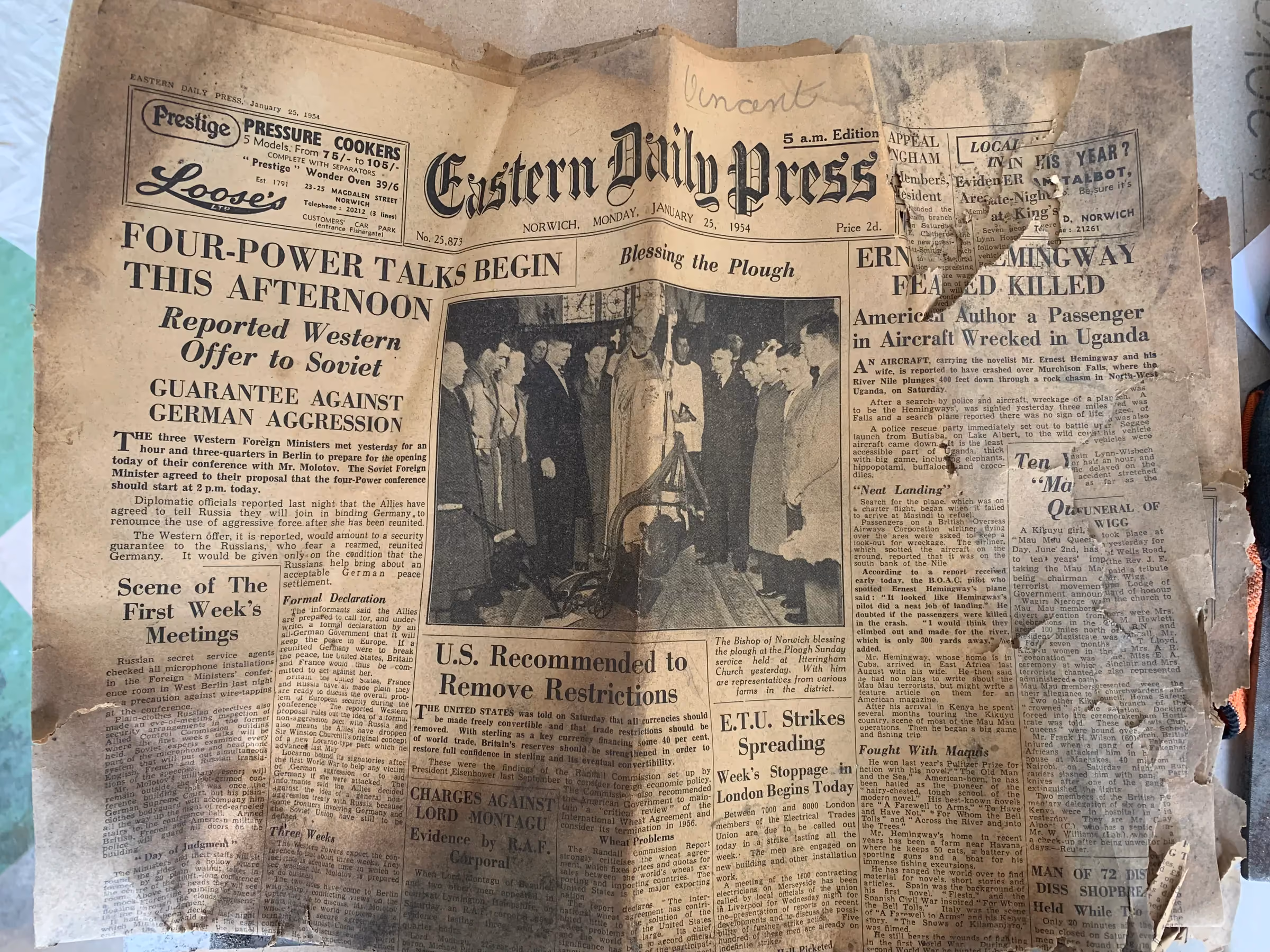 Copy of the Eastern Daily Press from 1954 found among the dust and debris of the old attic