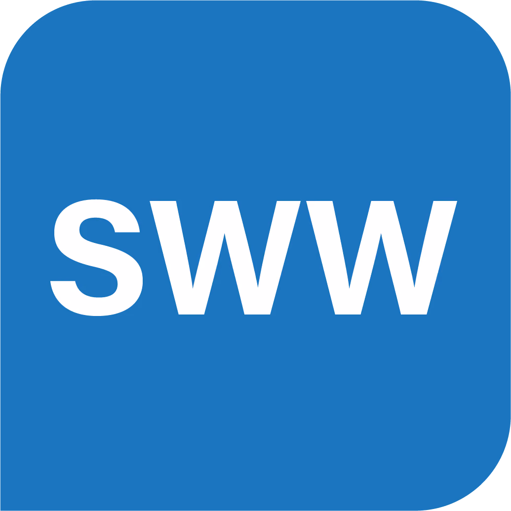 Blue square with white letters "SWW" centered inside.