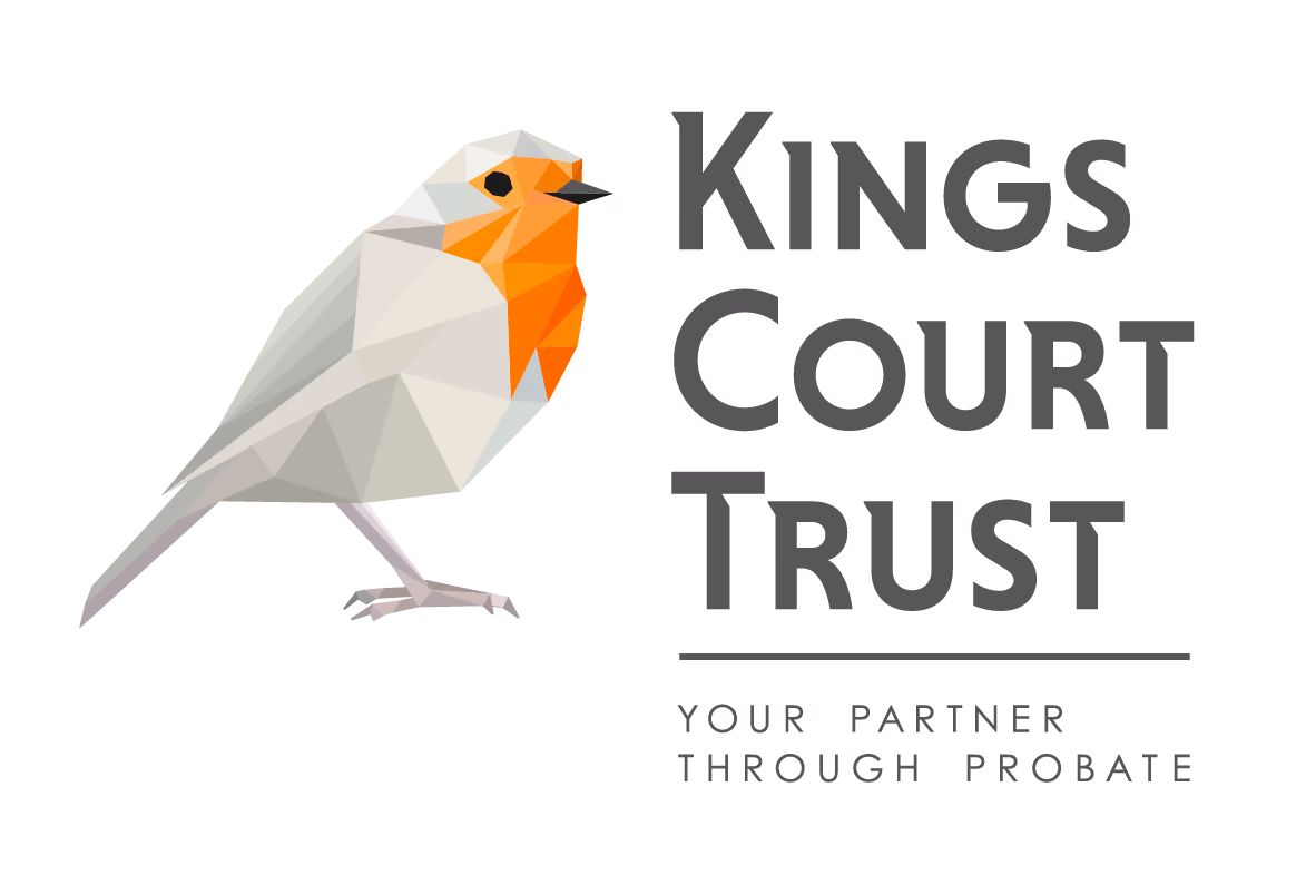 Geometric bird illustration next to the text "Kings Court Trust, Your Partner Through Probate."