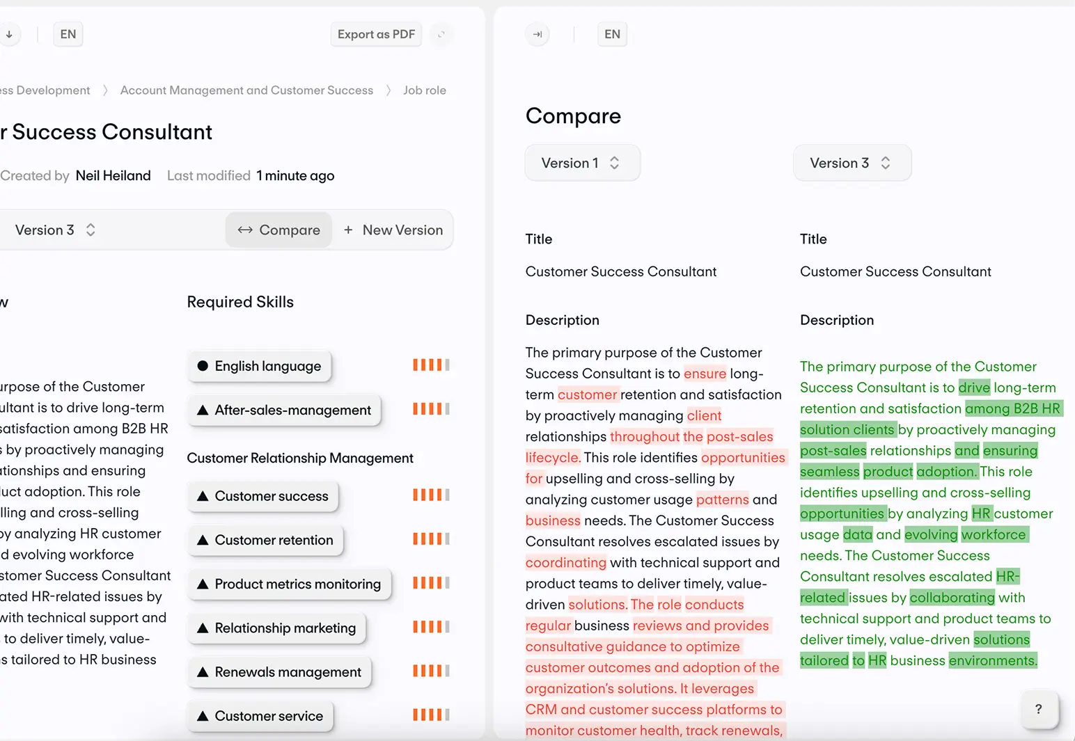 Side-by-side comparison of two versions of a Customer Success Consultant job description highlighting differences in required skills and job responsibilities in red and green text.
