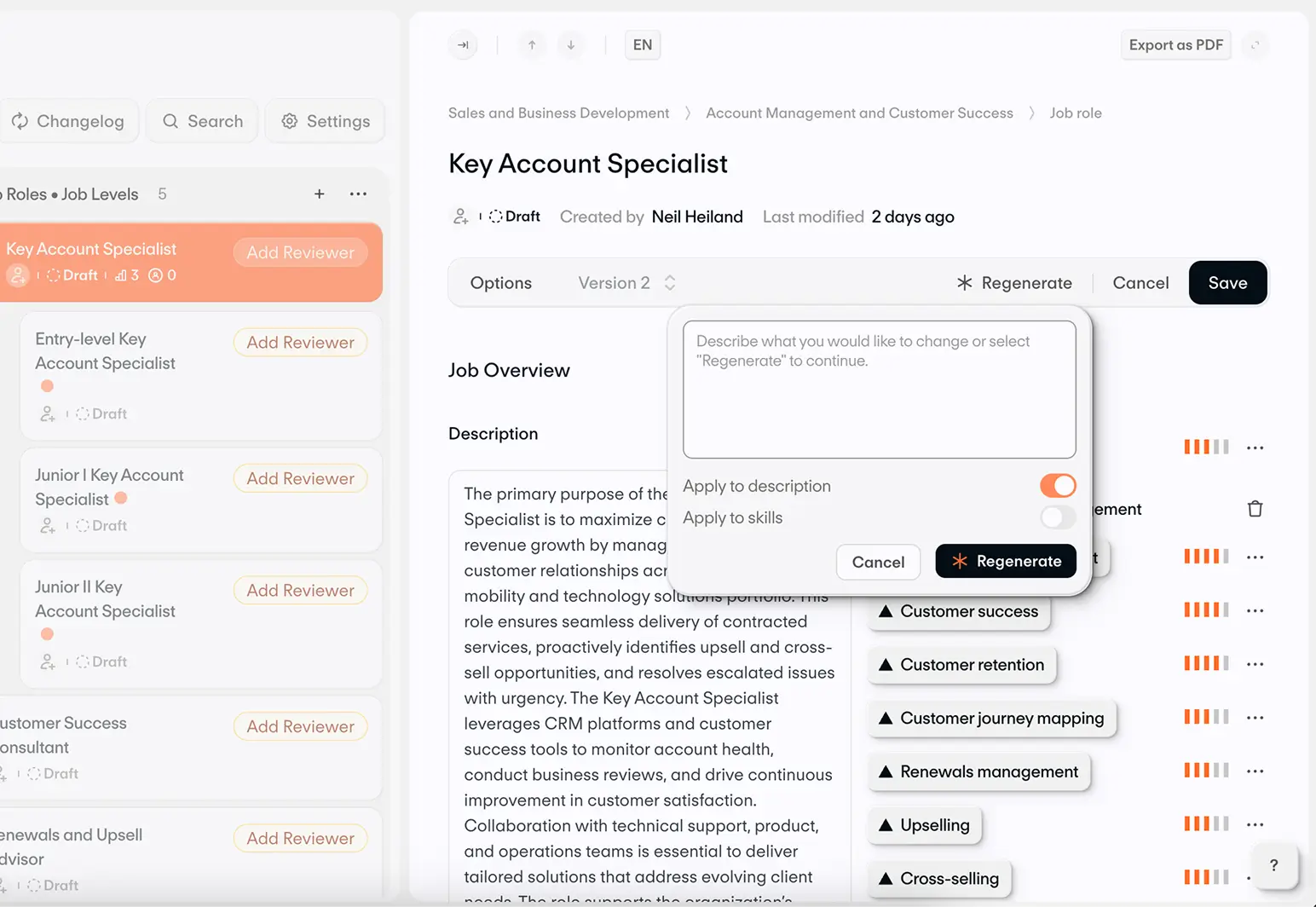 Job role interface showing a draft for Key Account Specialist with options to add reviewers, edit job description, and manage skills like customer success and upselling.