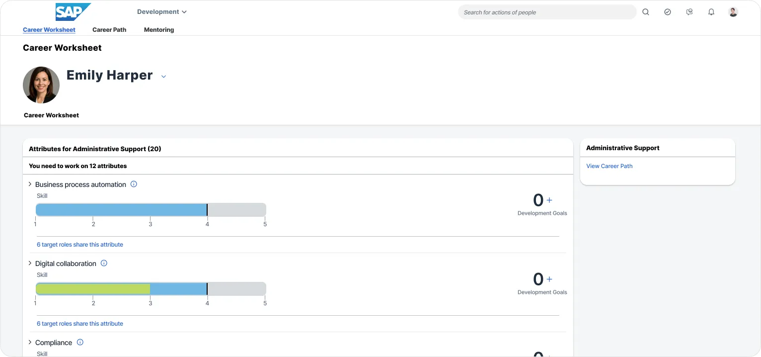 SAP career worksheet interface for Emily Harper showing skill development bars for Administrative Support attributes including Business process automation and Digital collaboration, with development goals and career path options.