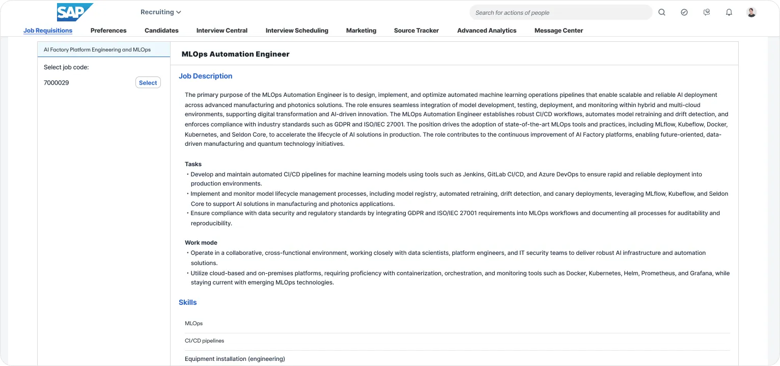 SAP Recruiting job requisition page showing MLOps Automation Engineer job description, tasks, work mode, and skills requirements.