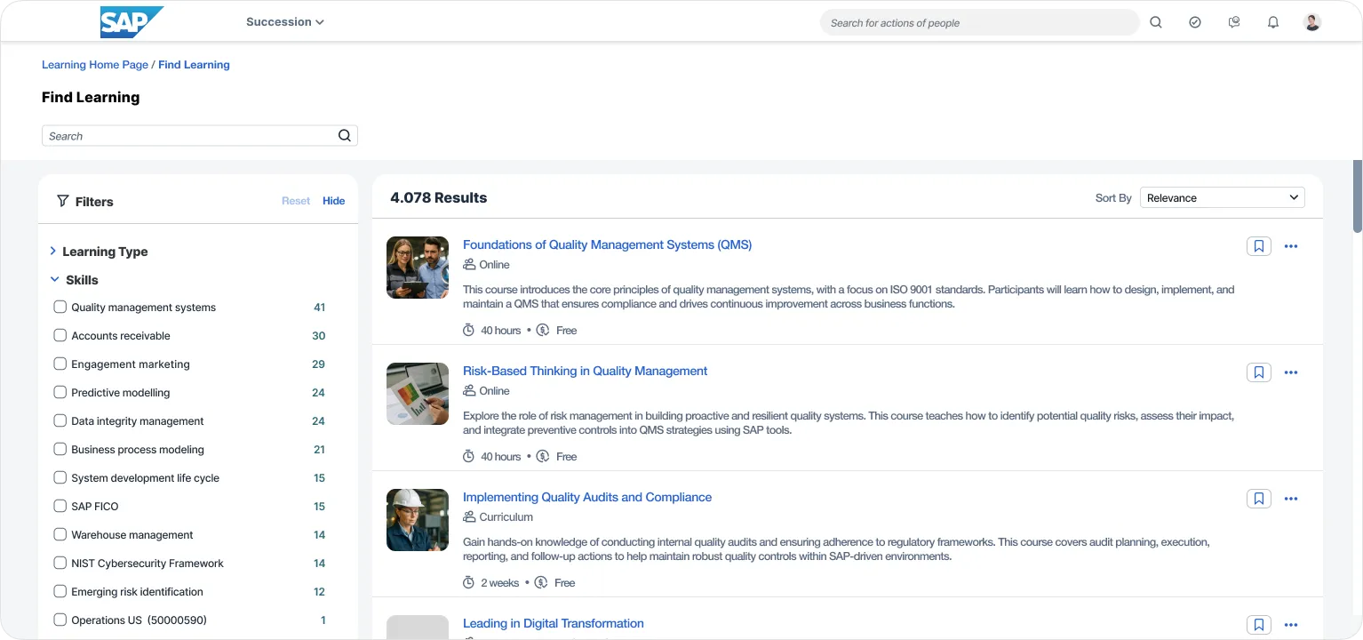 SAP Learning portal showing search results for courses related to quality management, with filters for skills and a list of courses including Foundations of Quality Management Systems, Risk-Based Thinking in Quality Management, and Implementing Quality Audits and Compliance.