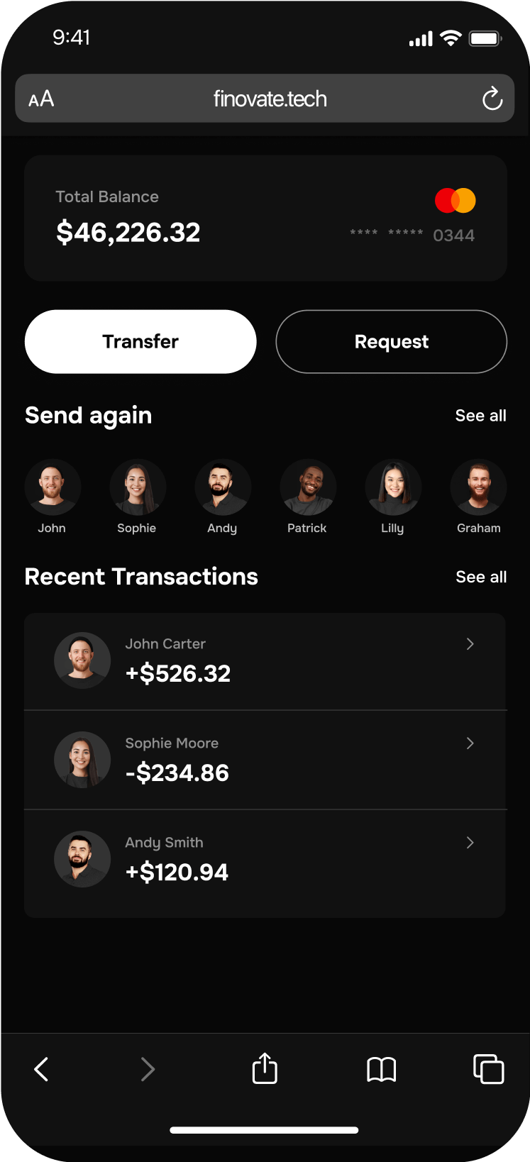Finovate Balance & Transactions Panel on Dashboard