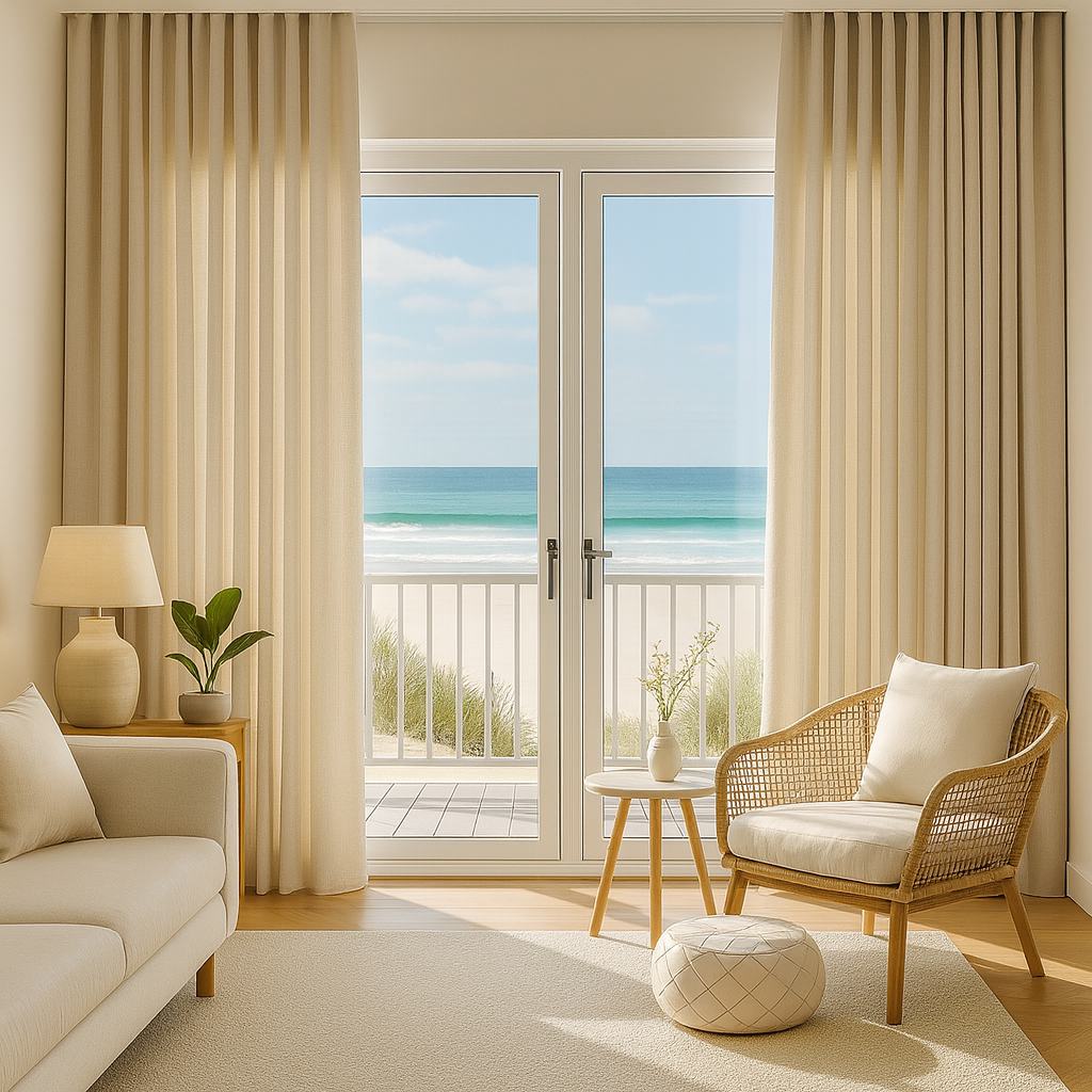 Beachlands custom-made curtain blends stylishly into a range of spaces. Available in nine warm neutral tones and a touch of blue.
