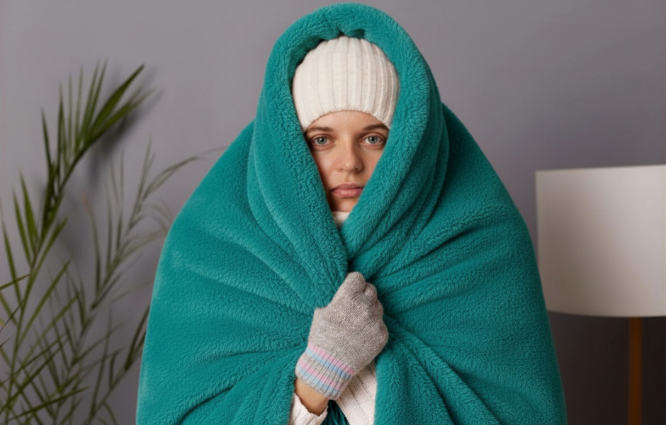 Women huddled in a blanket due to a cold house. 