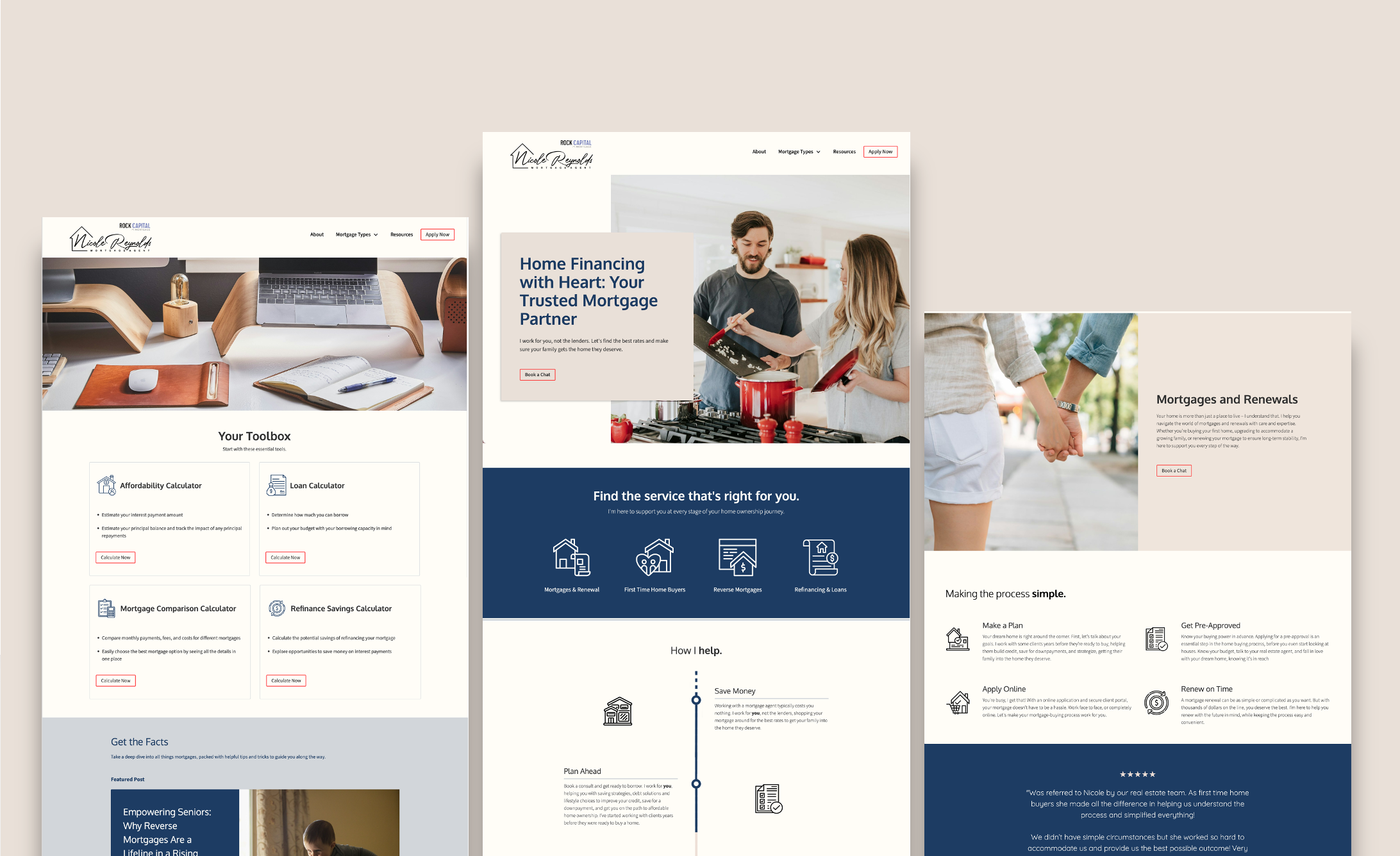 Three pages from Nicole Reynolds' Mortgage Website. The impression is friendly, professional, and easy to use.