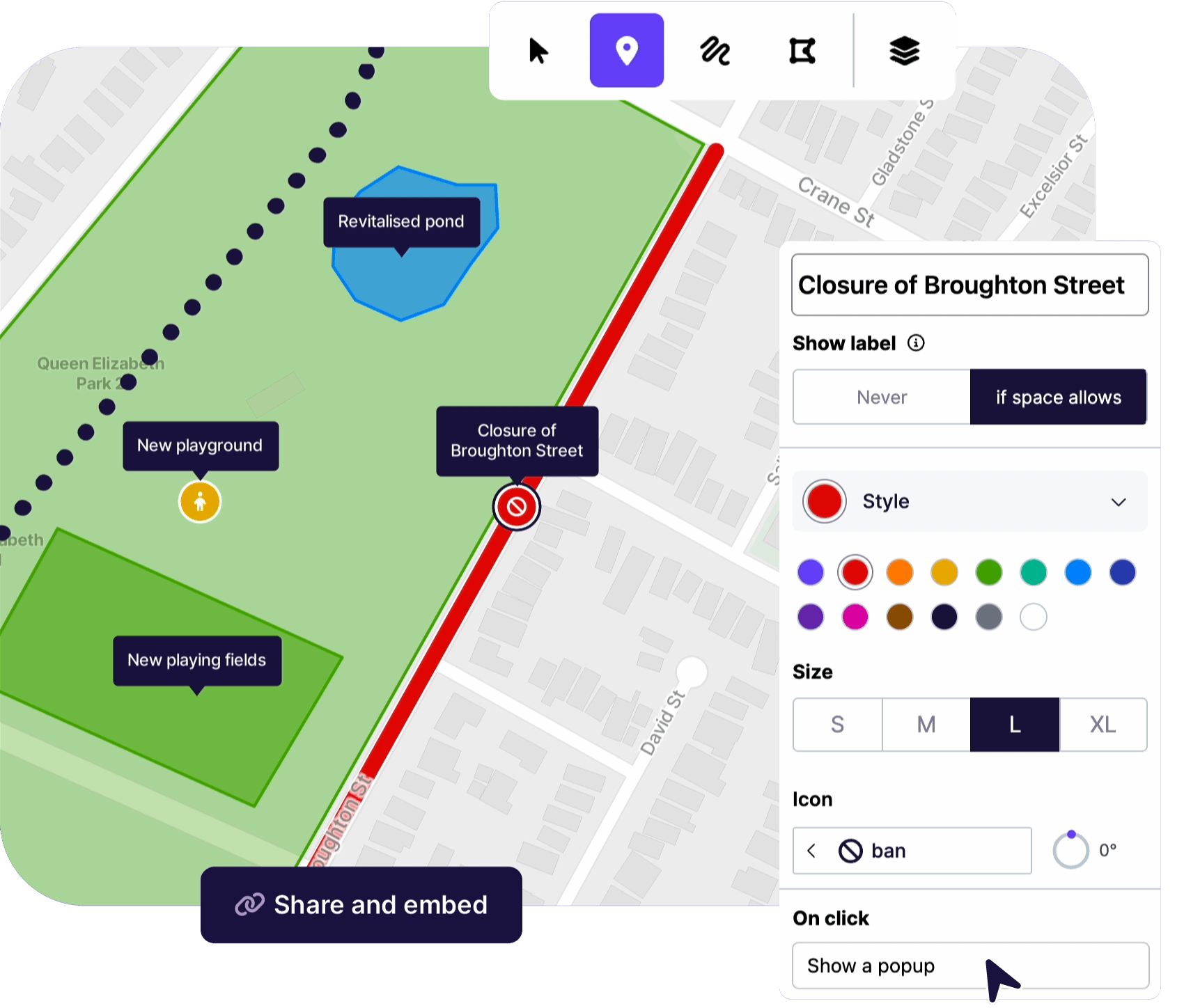 A Spatial Engage map of a park, with comment pins and the style panel open