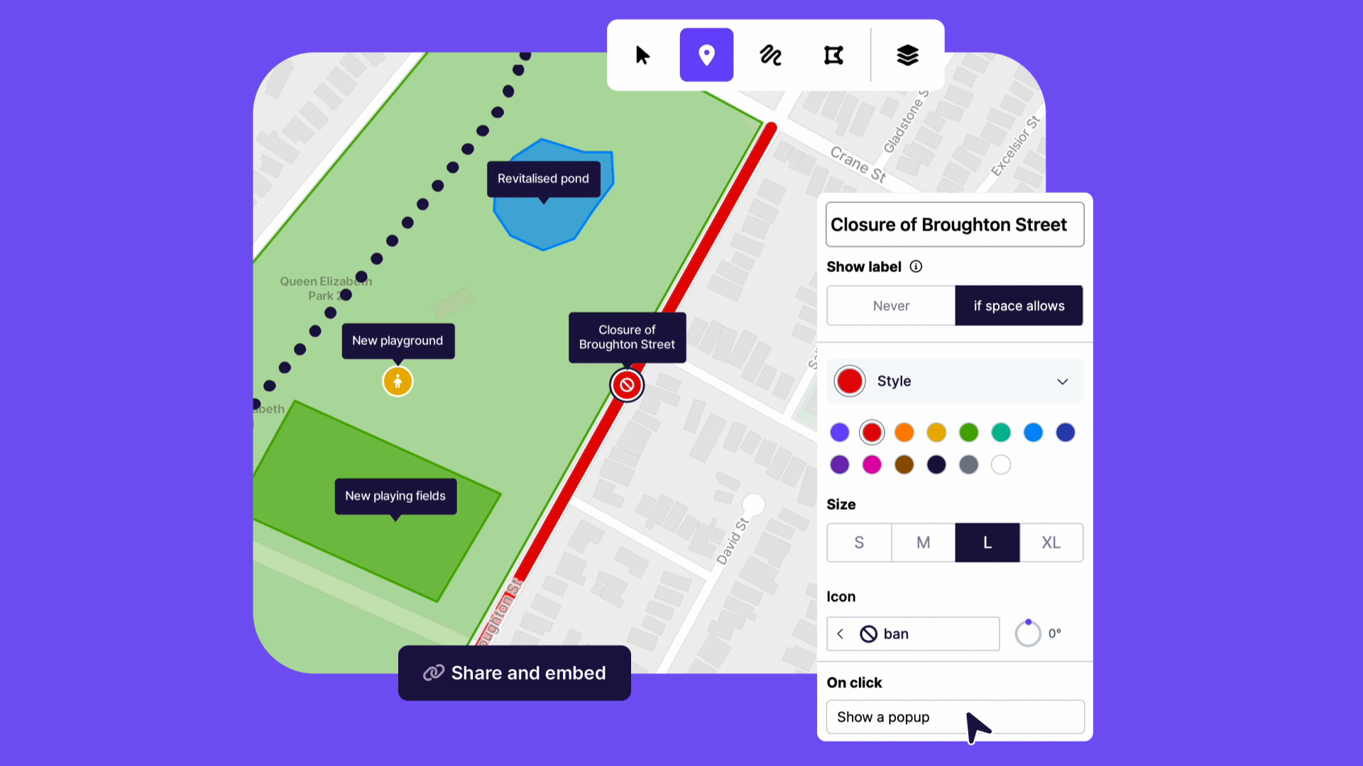 The Spatial Engage map editor on a purple background