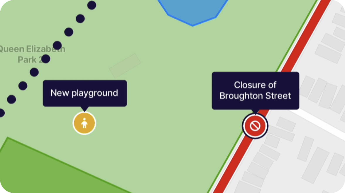 Close-up of a Spatial Engage map with labelled pins for a new playground and a street closure
