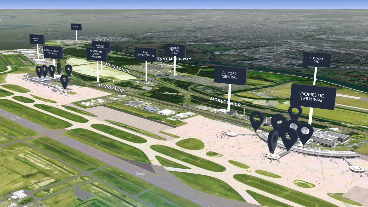 3D model of Brisbane Airport with its roads, terminals and car parks labelled
