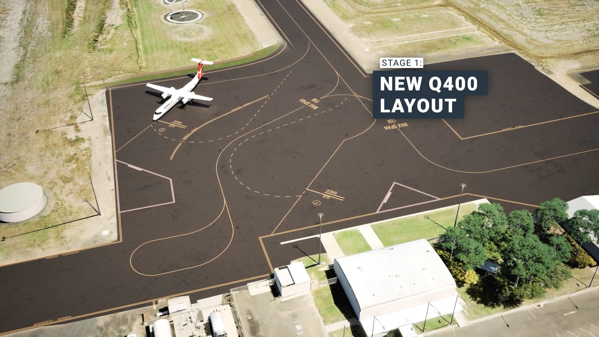 3D model of Moree Airport showing a Q400 on the taxiway and the new layout