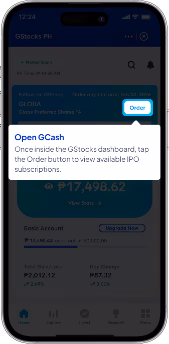 GStocks app showing Order button