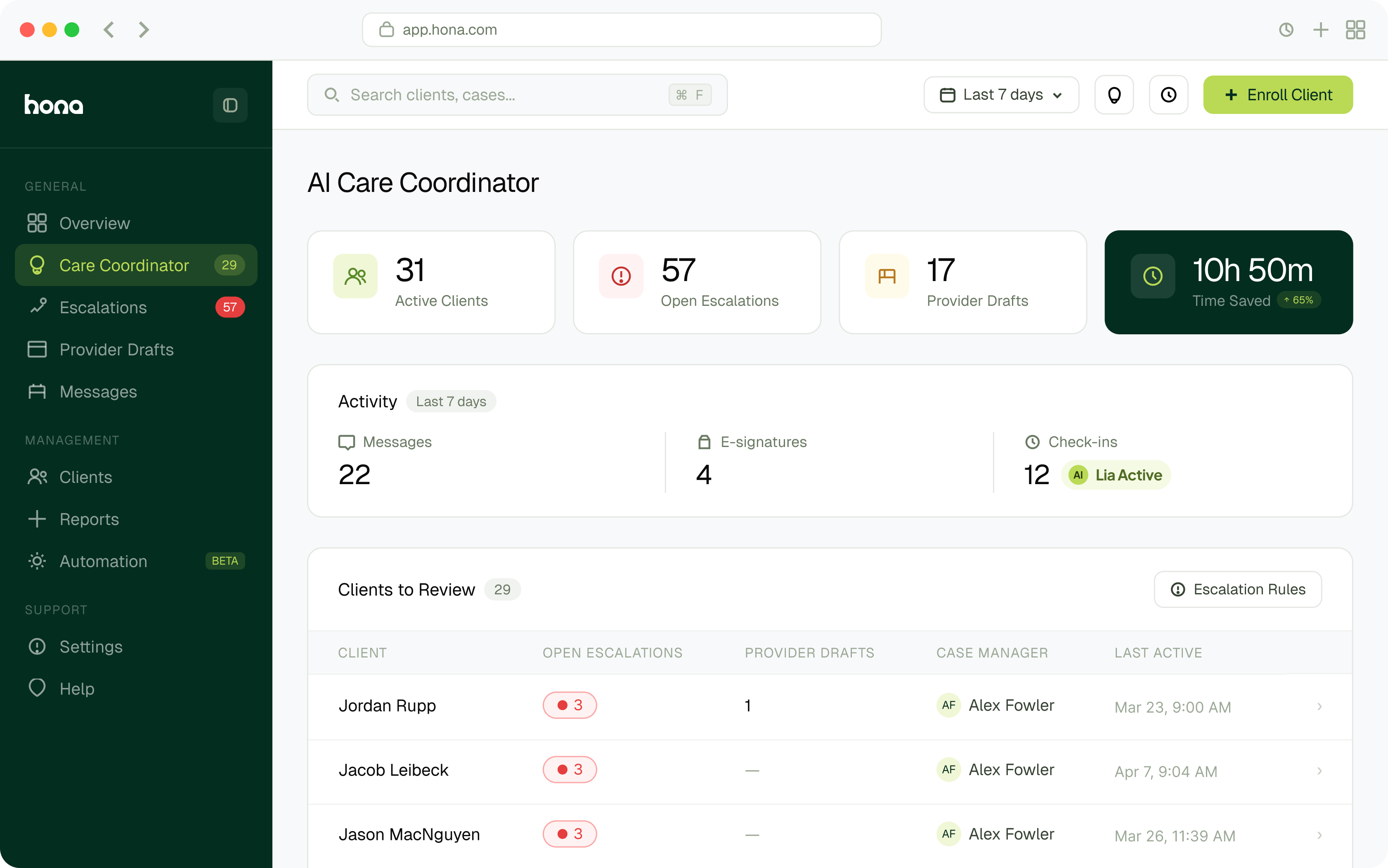 hona dashboard mockup