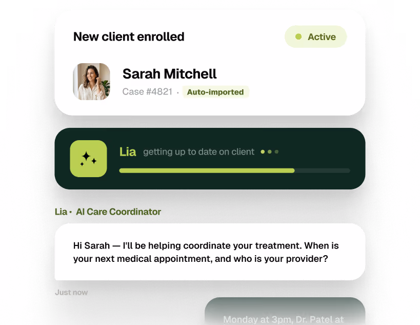 example interface of hona's dashboard showing a new client being enrolled