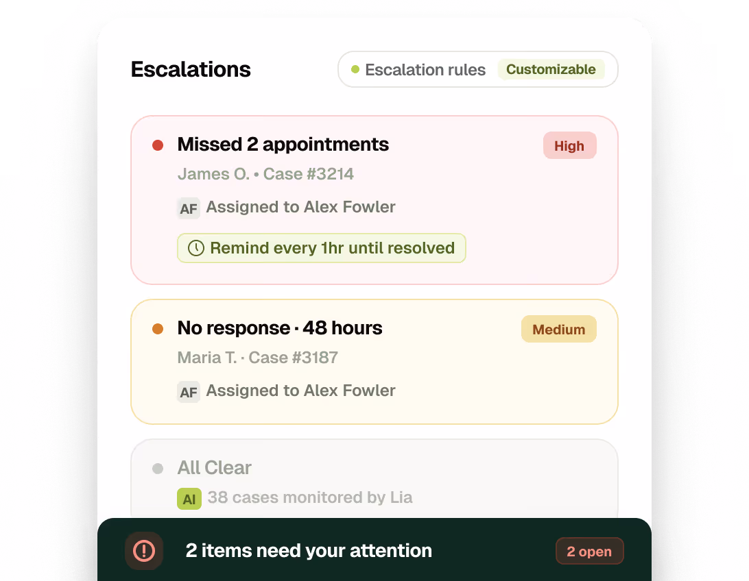 example interface of hona's dashboard showing ai catching and flagging client problems like treatment gaps early.