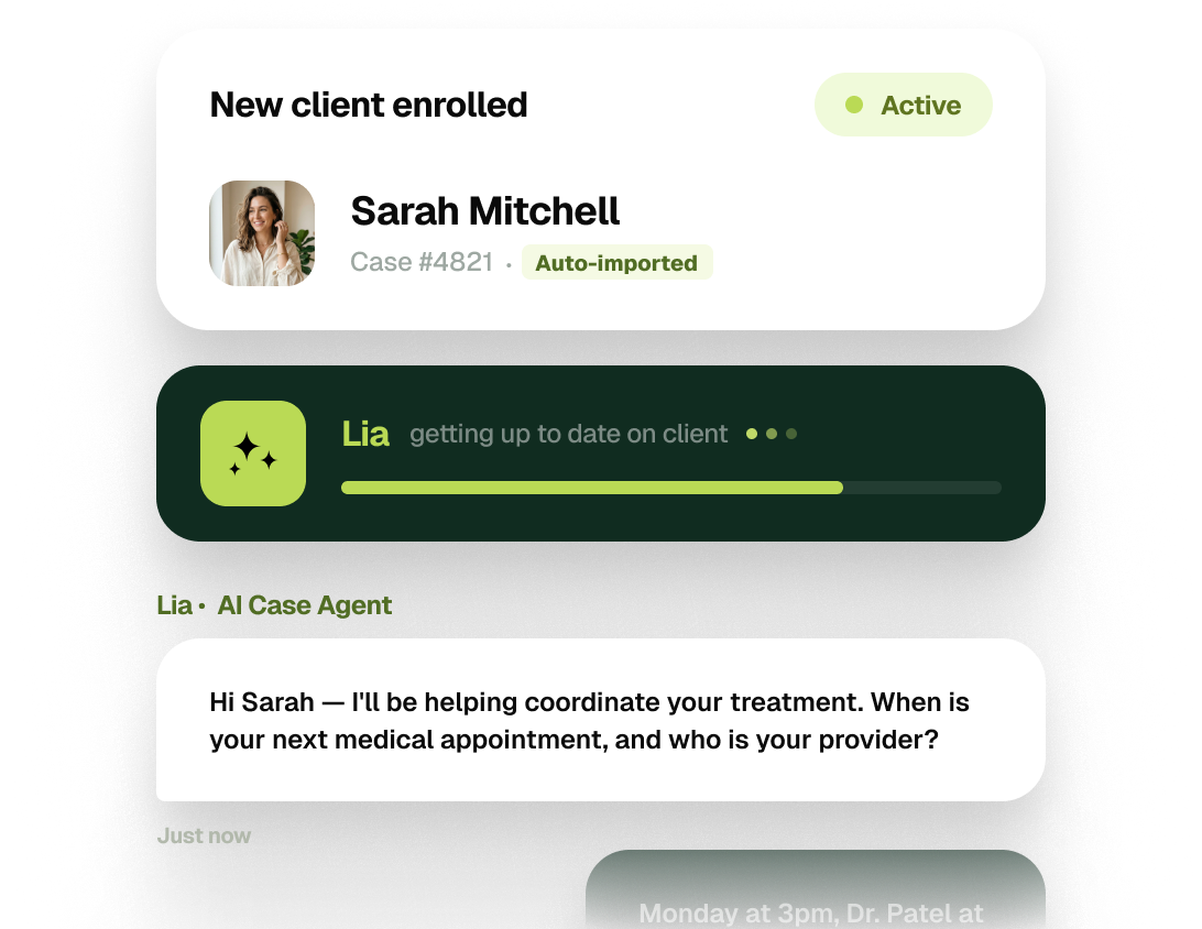 example interface of hona's dashboard showing a new client being enrolled