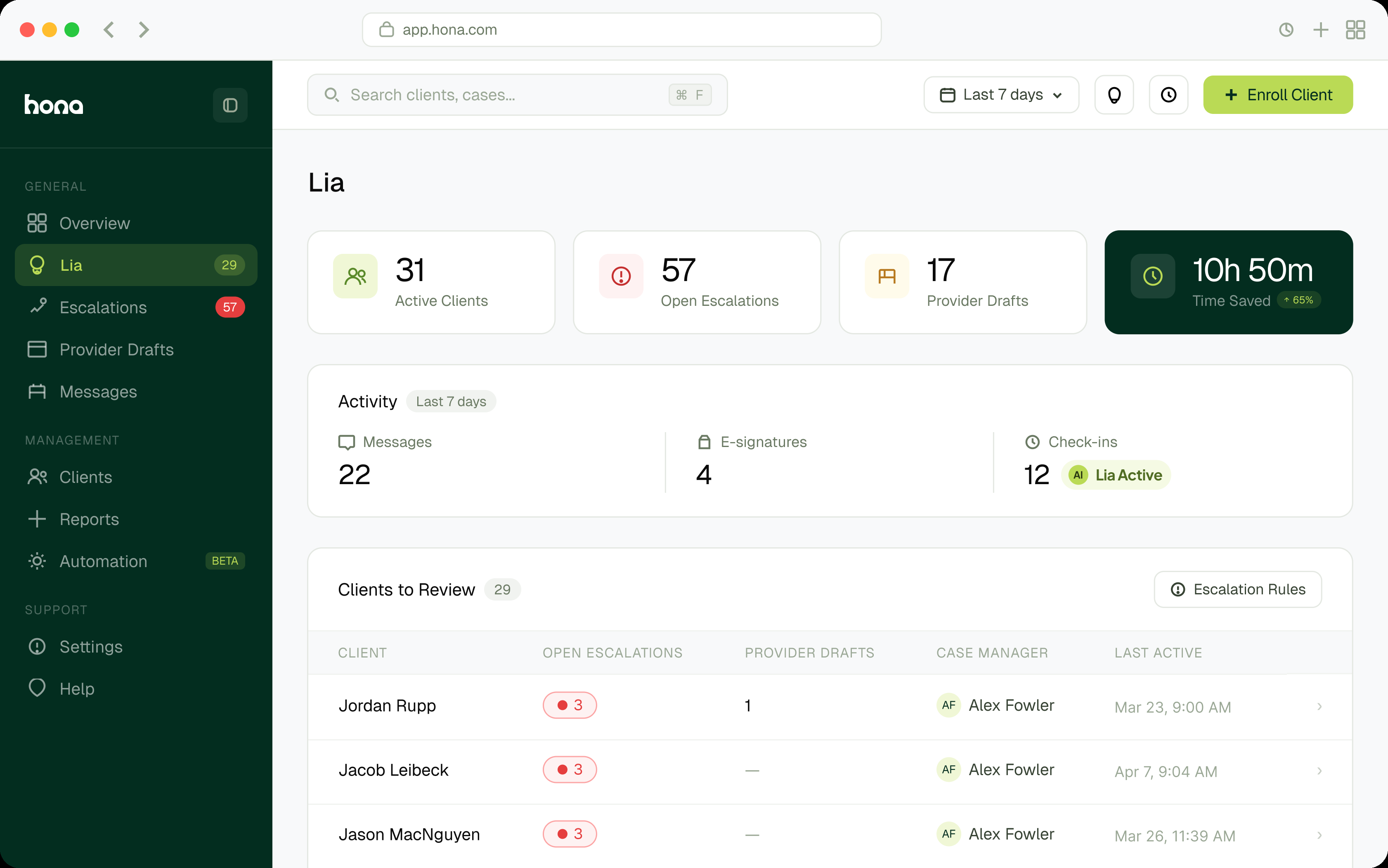 Hona dashboard showing Lia managing personal injury client communication and case updates