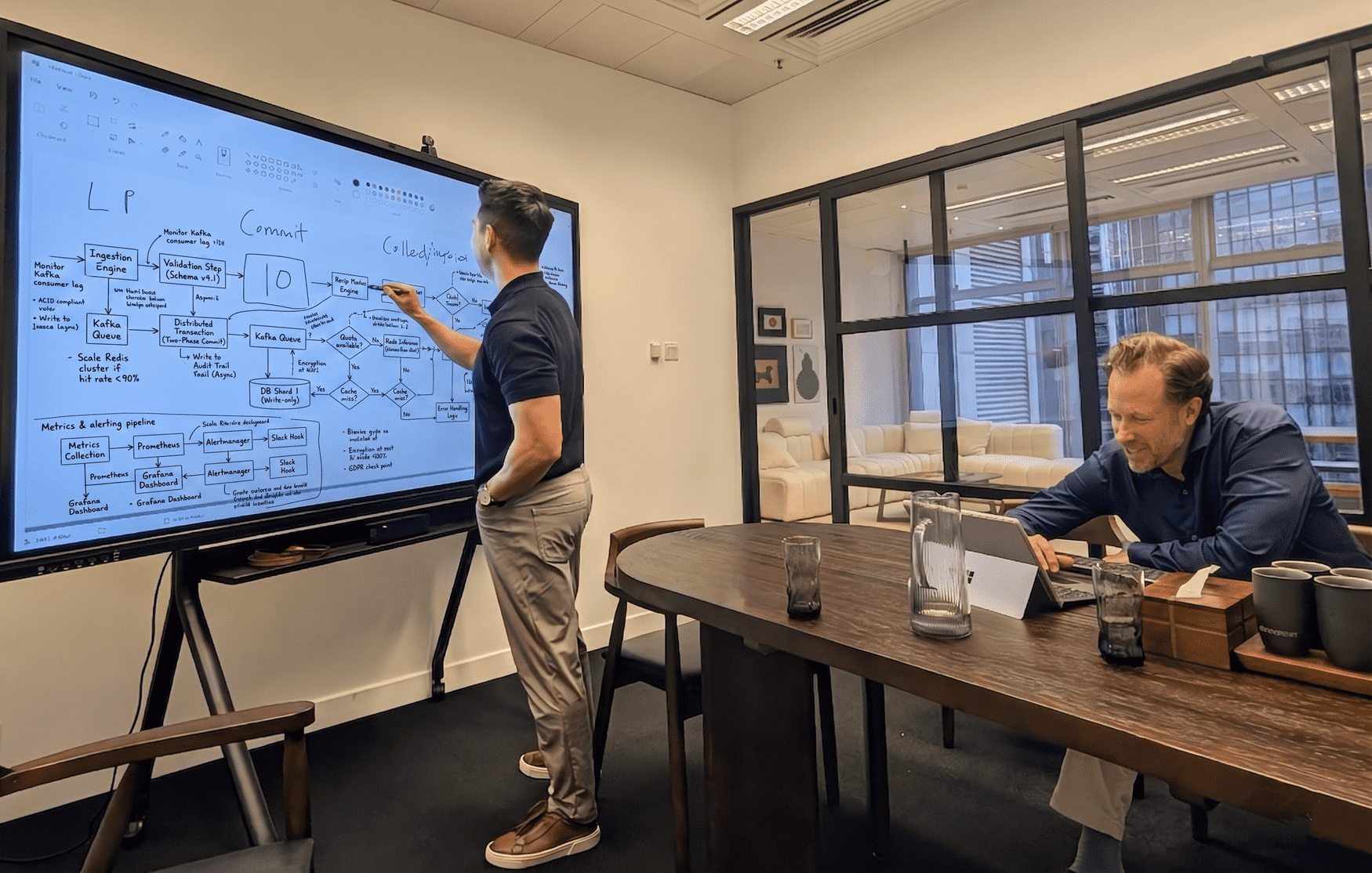 Two members of the EVIDENT team working through a transaction at the office whiteboard