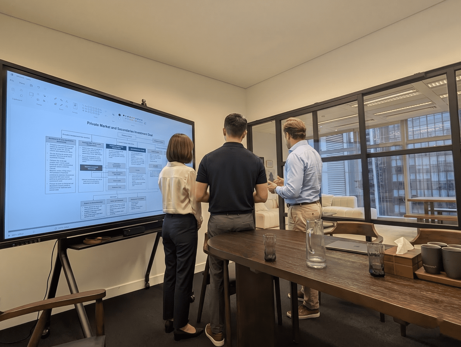 EVIDENT team reviewing a private market and secondaries investment deal on screen