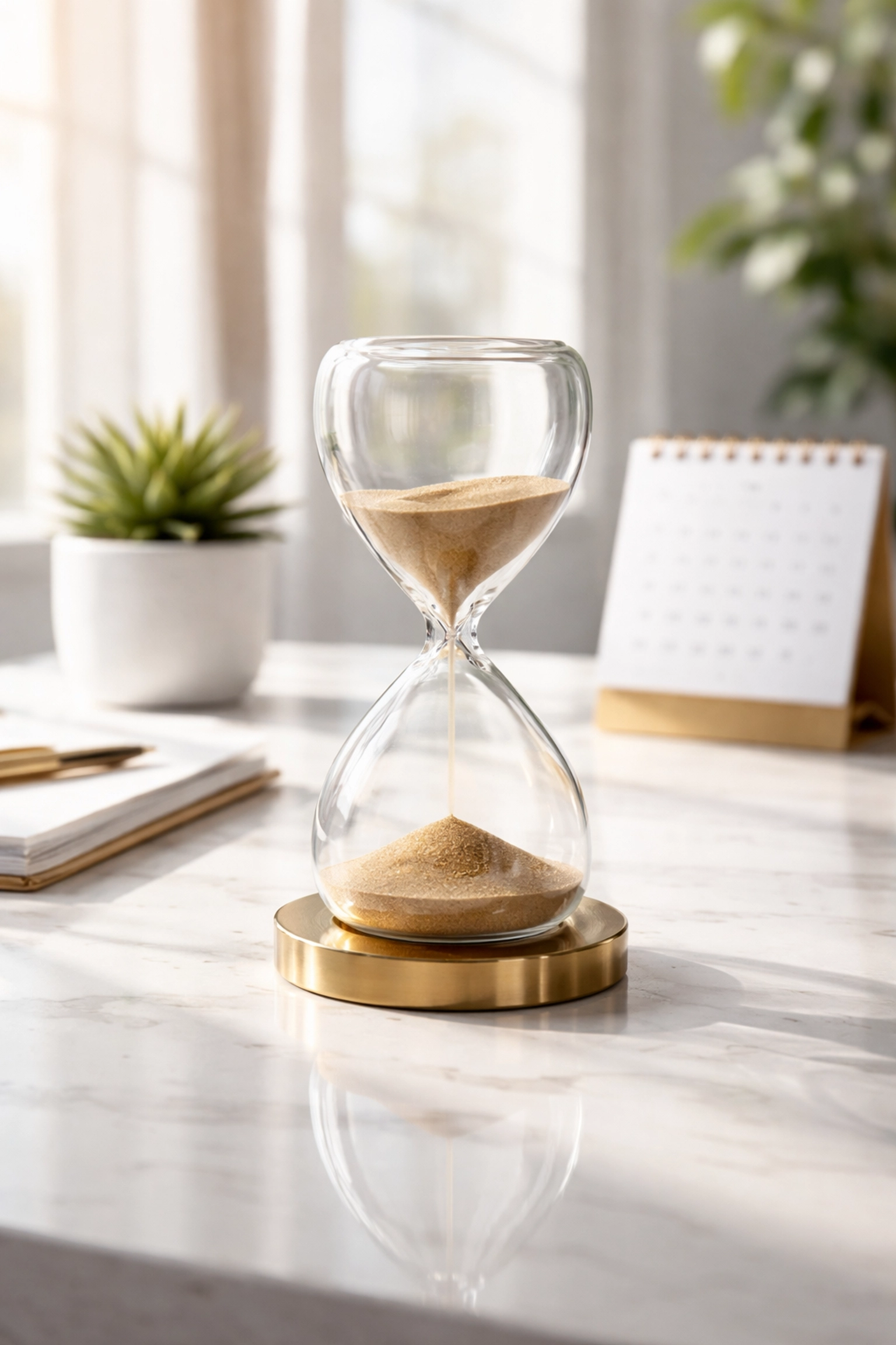 Hourglass on modern office desk symbolizing the importance of clear deadlines in past due letter processes