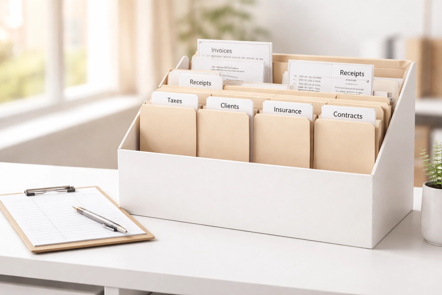 Tidy office filing system showing organized records for tracking past due invoices and debt collection
