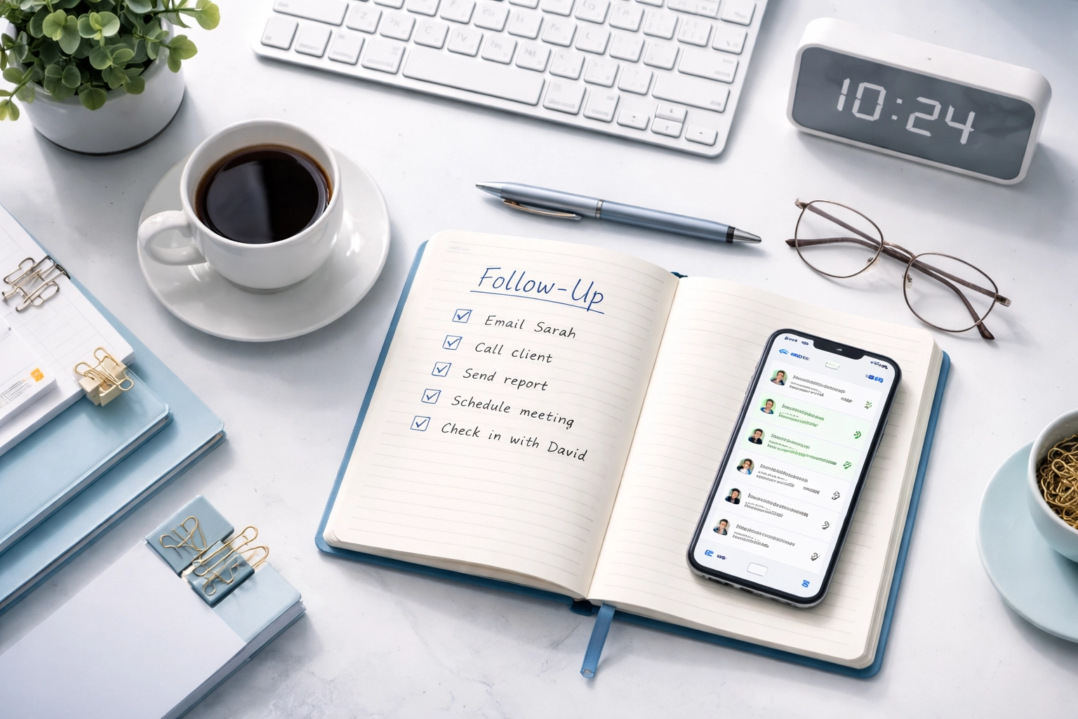 Organized business desk with checklist illustrating consistent follow-up for overdue payments