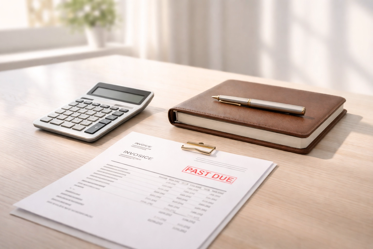 Minimalist office desk with calculator, notebook, and past due invoice highlights debt collection challenges for businesses in BC and Alberta.