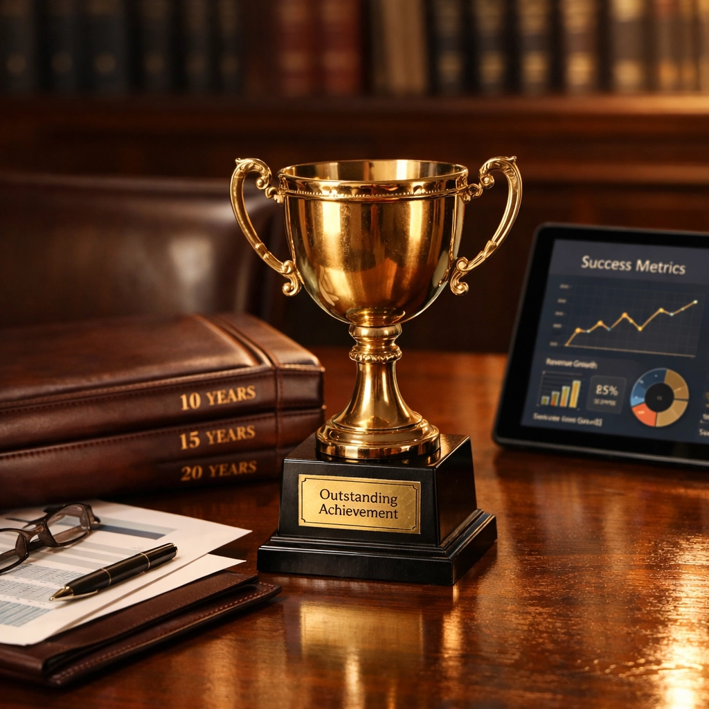 Award trophy and success metrics representing collection agency experience and proven results