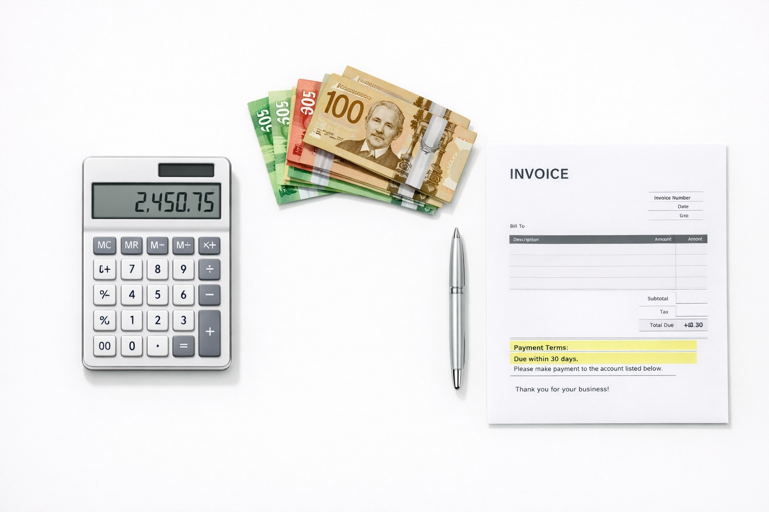 Calculator with Canadian currency and invoice showing collection agency fee structure