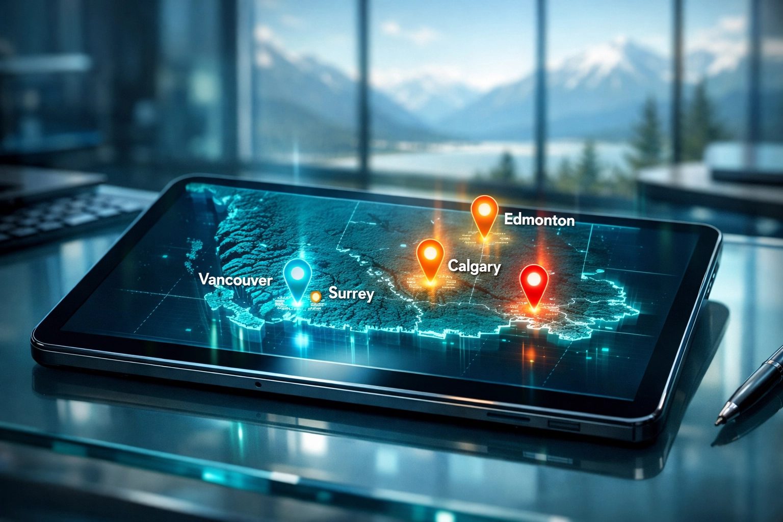 Digital map showing BC and Alberta collection agency service areas including Vancouver and Calgary