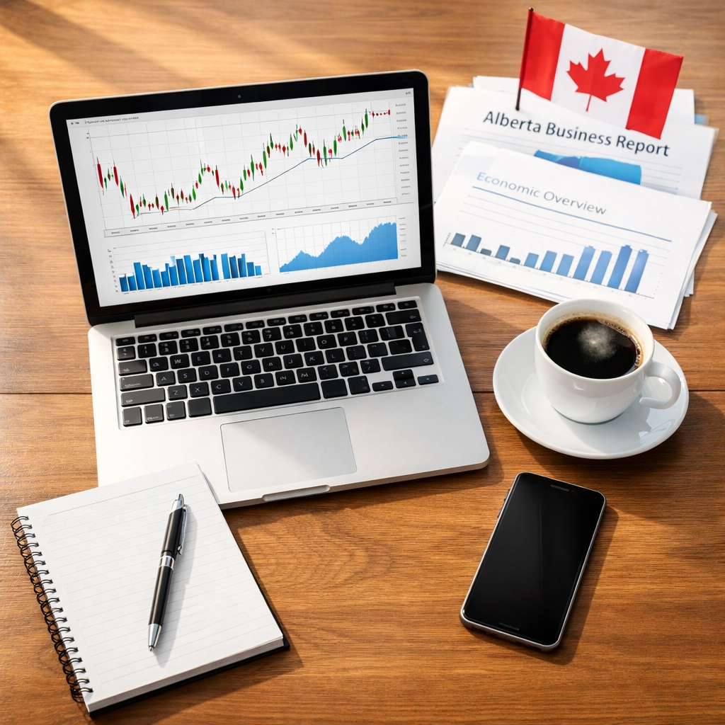 Calgary business owner desk with financial charts showing Alberta small business growth statistics