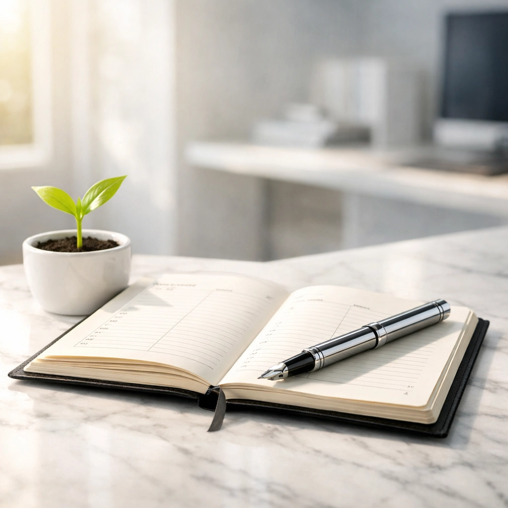 Minimalist workspace with a planner and plant symbolizing spring cleaning for business debt and finances.