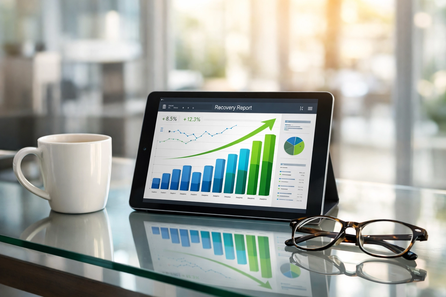 Modern office desk with digital growth charts representing successful accounts receivable and debt recovery.