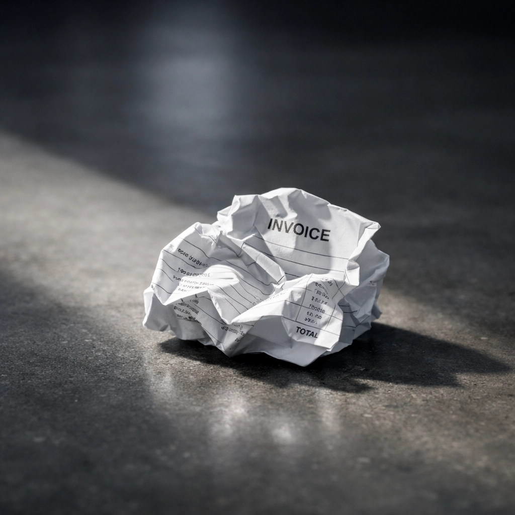 Crumpled invoice on the floor representing broken payment promises that a collection agency BC can resolve.