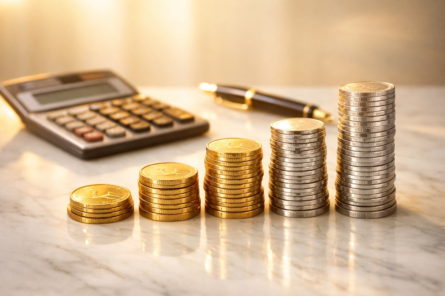 Stacks of Canadian coins and a calculator showing successful recovery with a collection agency Alberta.