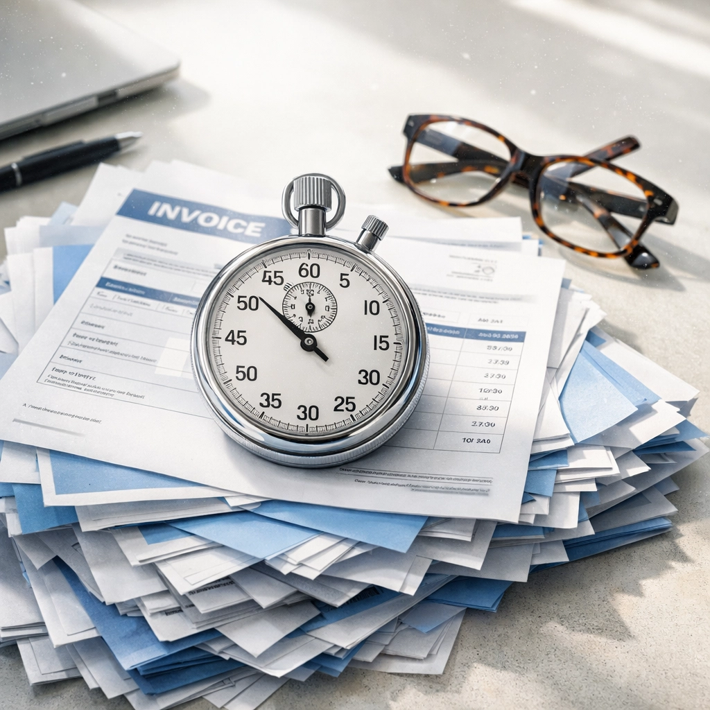 Stopwatch on invoices representing time lost by owners before starting small business debt recovery.