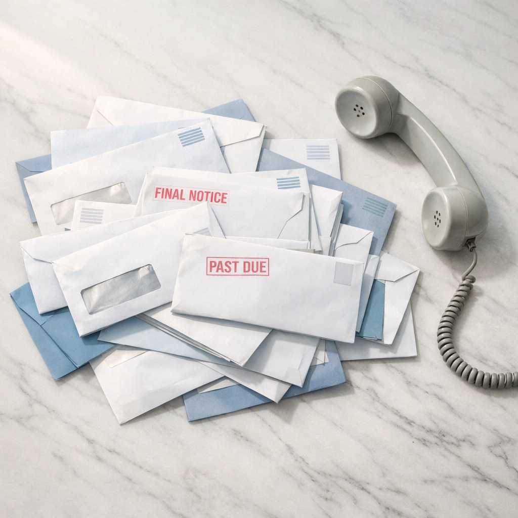 Unopened business mail and a phone off the hook representing a ghosting debtor on unpaid BC invoices.