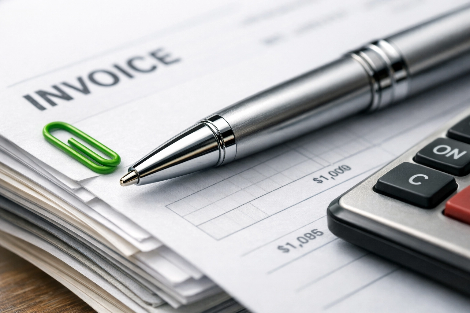 A pen and calculator on organized invoices prepared for a commercial collection agency debt recovery.
