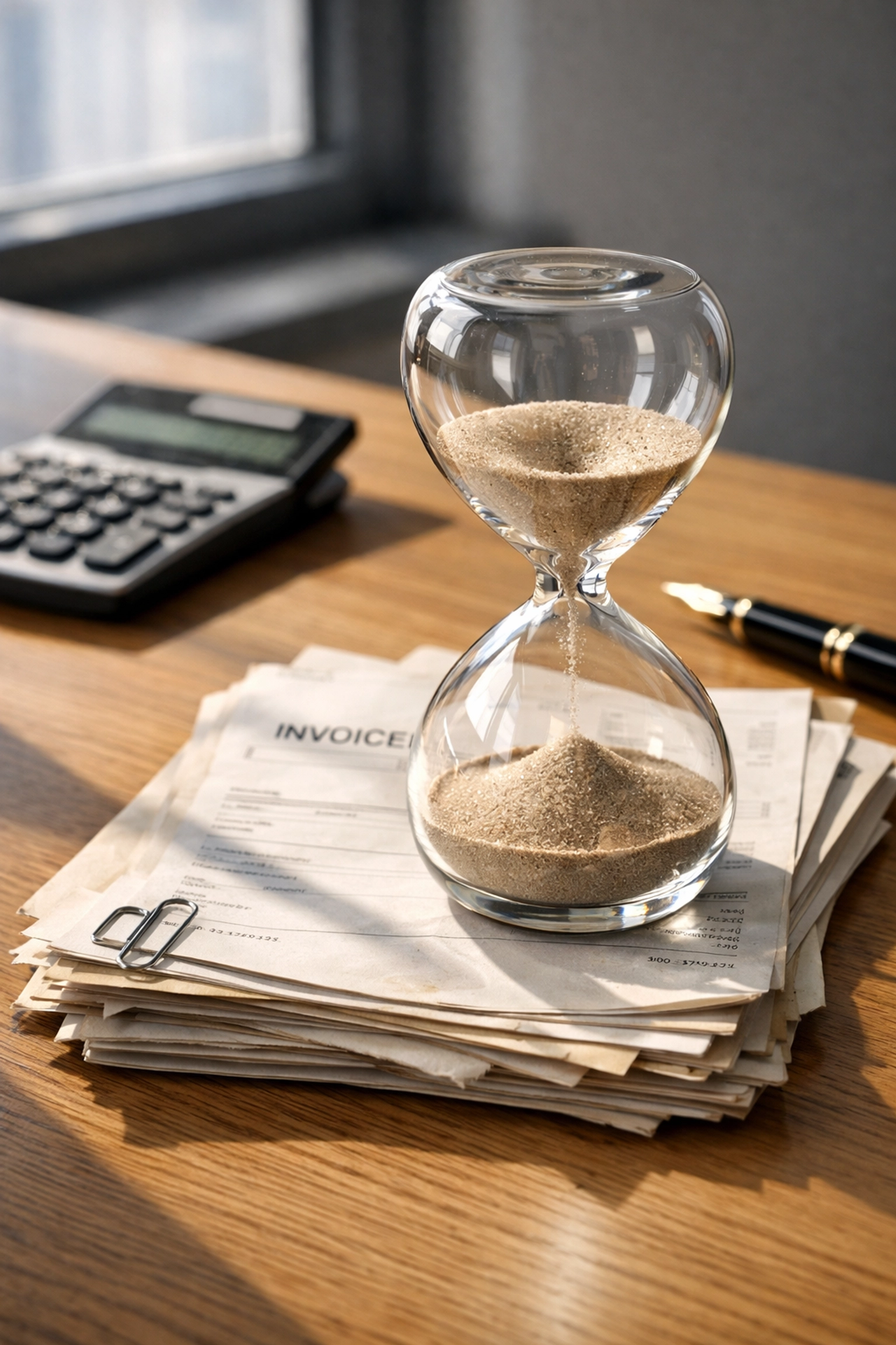 An hourglass on a stack of invoices representing the 90-day danger zone for BC business collections.