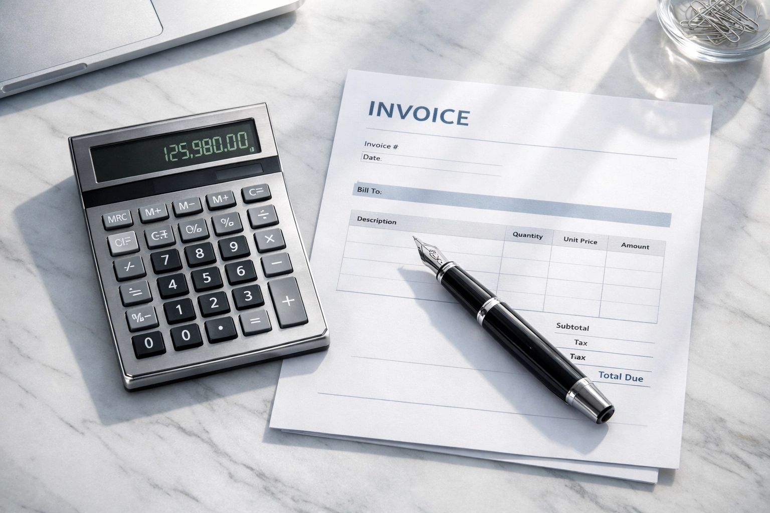 Commercial collection agency invoice and calculator symbolizing B2B financial management and debt recovery.