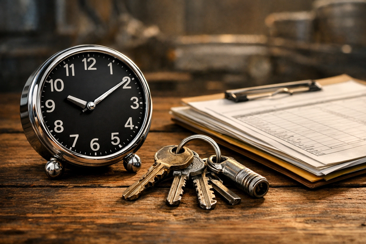 Office clock and industrial keys representing timely recovery services for an Alberta collection ag and BC businesses.