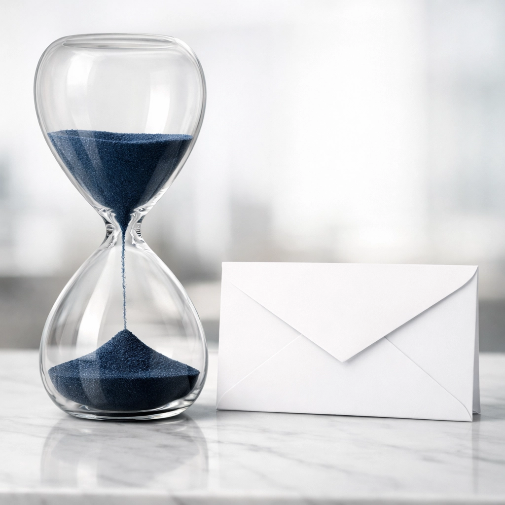 An hourglass next to an envelope symbolizing the urgency of trucking debt recovery and collections.