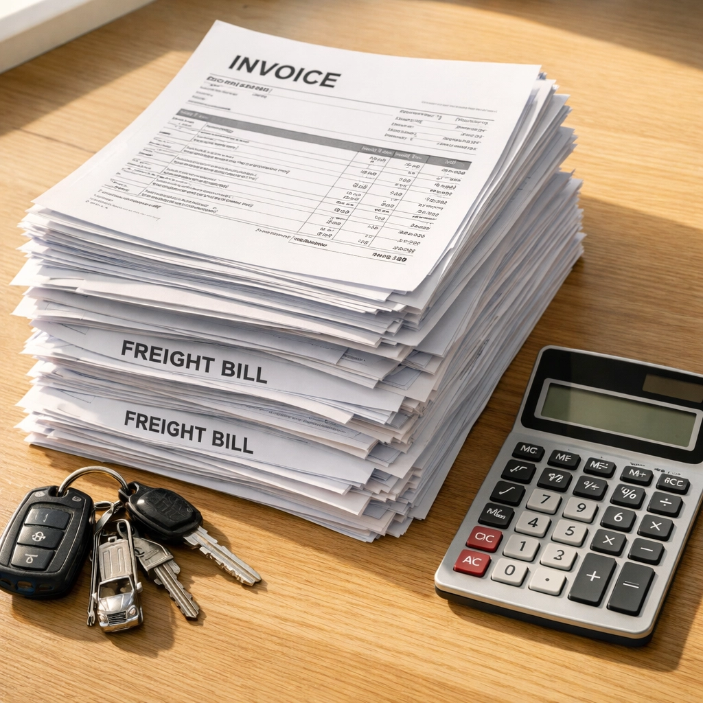 Stack of freight invoices and truck keys on a desk representing logistics billing management.