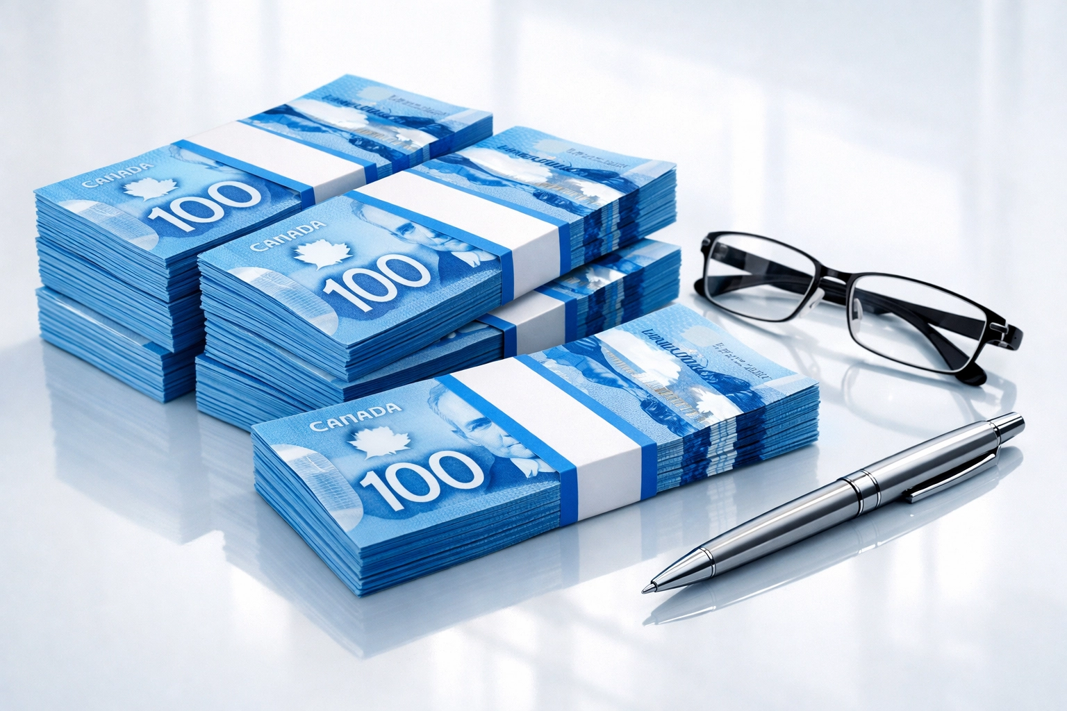 Stacks of Canadian currency and a pen representing recovered freight payments and improved cash flow.