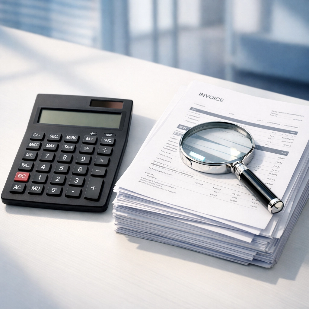 Professional desk with a calculator and business reports for vetting new B2B client creditworthiness.