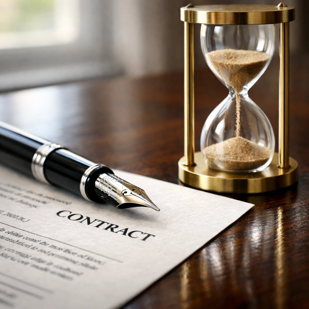 Signed personal guarantee contract and hourglass representing the timeline for commercial debt collection.